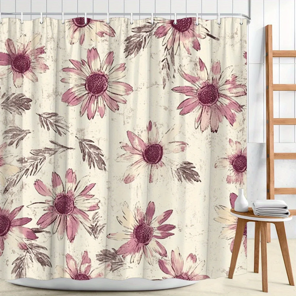 

Rustic Pink Floral Daisy Shower Curtain Liner Bathroom Decor Shabby Chic Botanical Print 180x180cm Waterproof Curtain