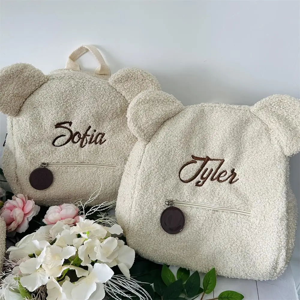 Personalised Baby Girls Backpack Cute Bear Plush Solid Color Baby Bag Custom Name Casual Backpack for Toddler Kids