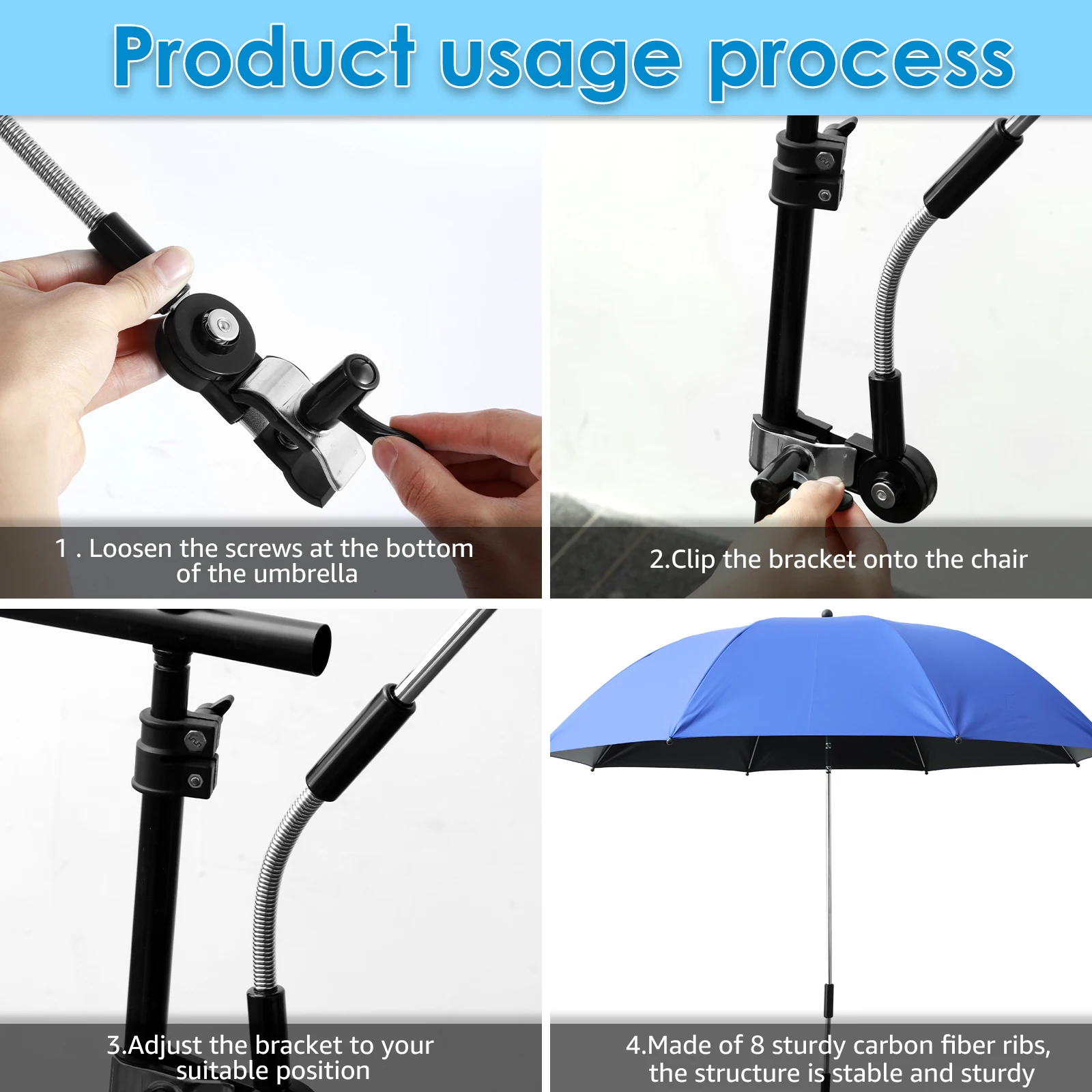 8 Bones 360° Beach Chair Umbrella Adjustable Shade Umbrella 42 Inch Beach Umbrella with Universal Clamp for Outdoor Beach Garden