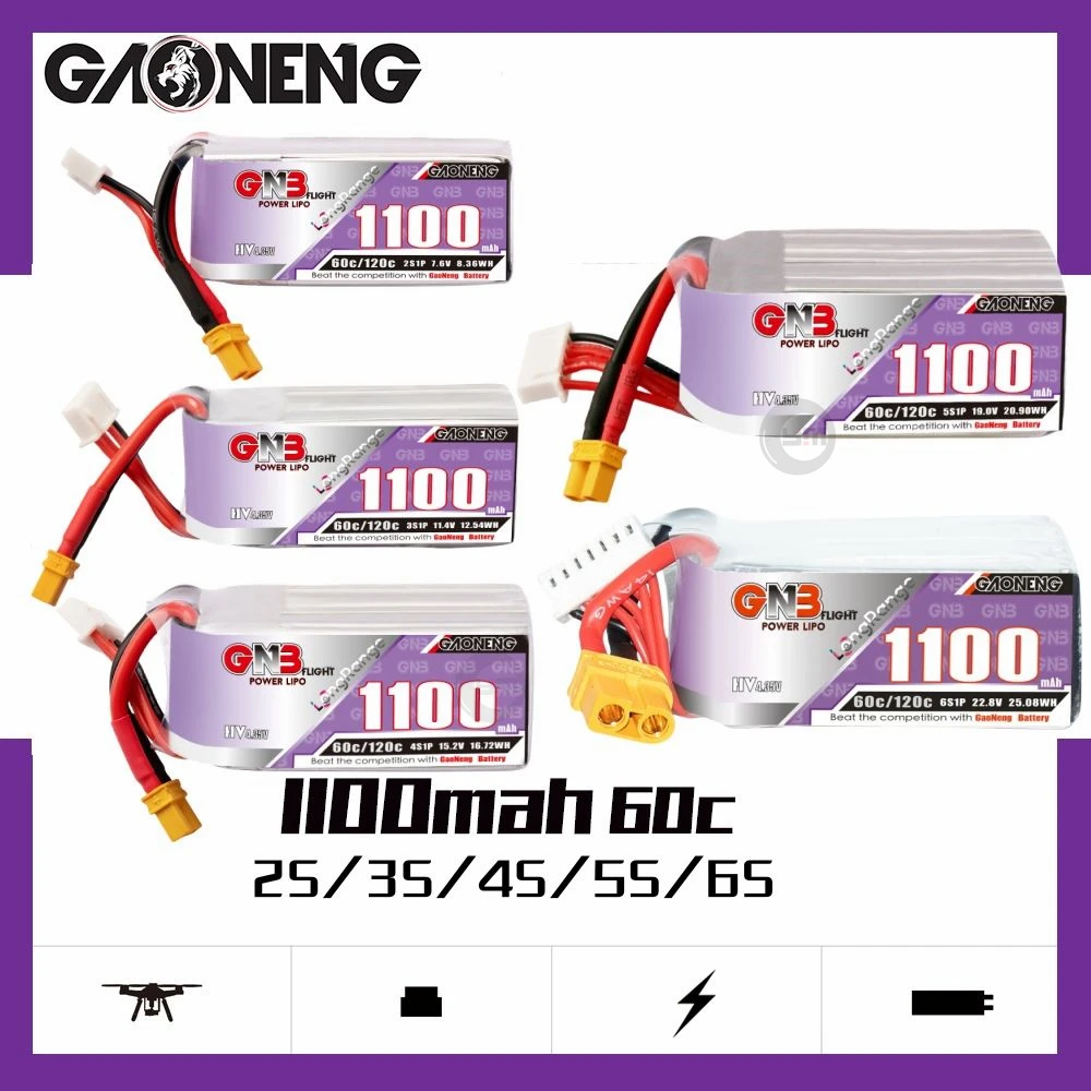 

Gaoneng GNB 1100mAh 60C 2S/3S/4S/5S/6S 7.6V/11.4V/15.2V/19V/22.8V Lipo Battery With XT30 Plug for Long Range Racing Drone FPV