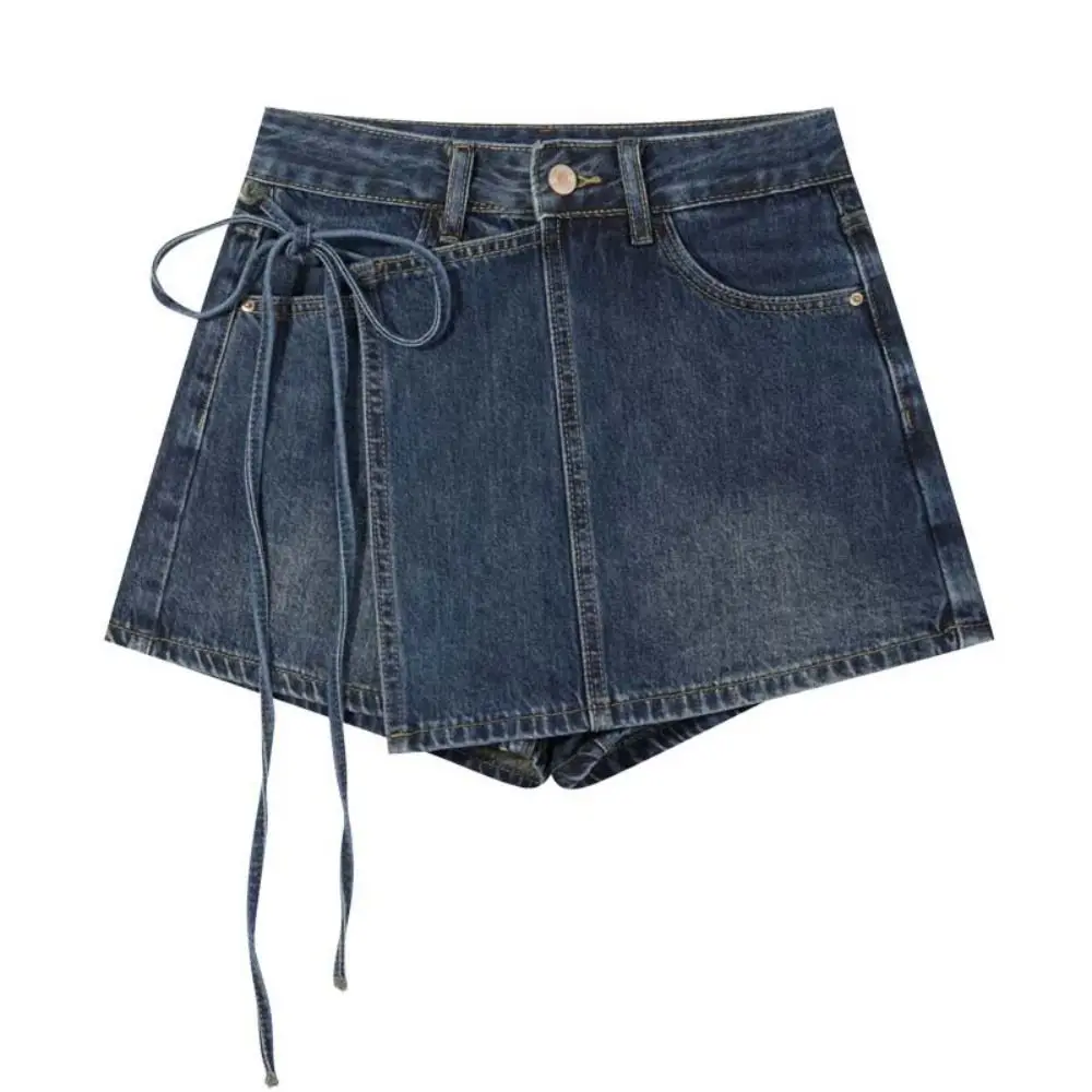 Harajuku Lace-up A-line Skirt Shorts High Waist Y2K Fake Two-piece Skirt Wide Leg Spicy Girl Style Baggy Blue Jeans Skirt Lady