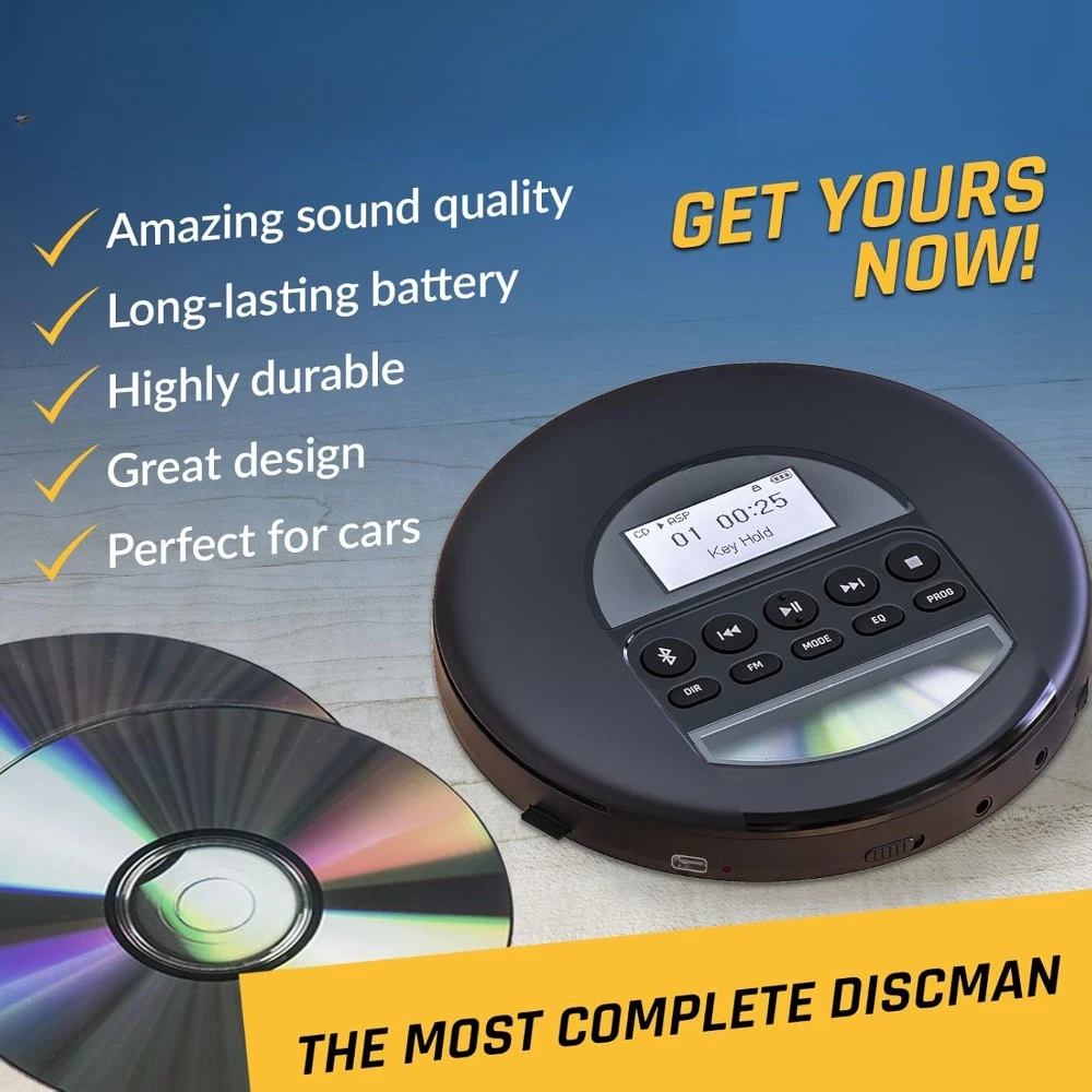 Portable CD Player with Long Battery, Headphones, FM Radio, MP3 Compatibility, TF Card Slot, Bluetooth - Perfect for Cars