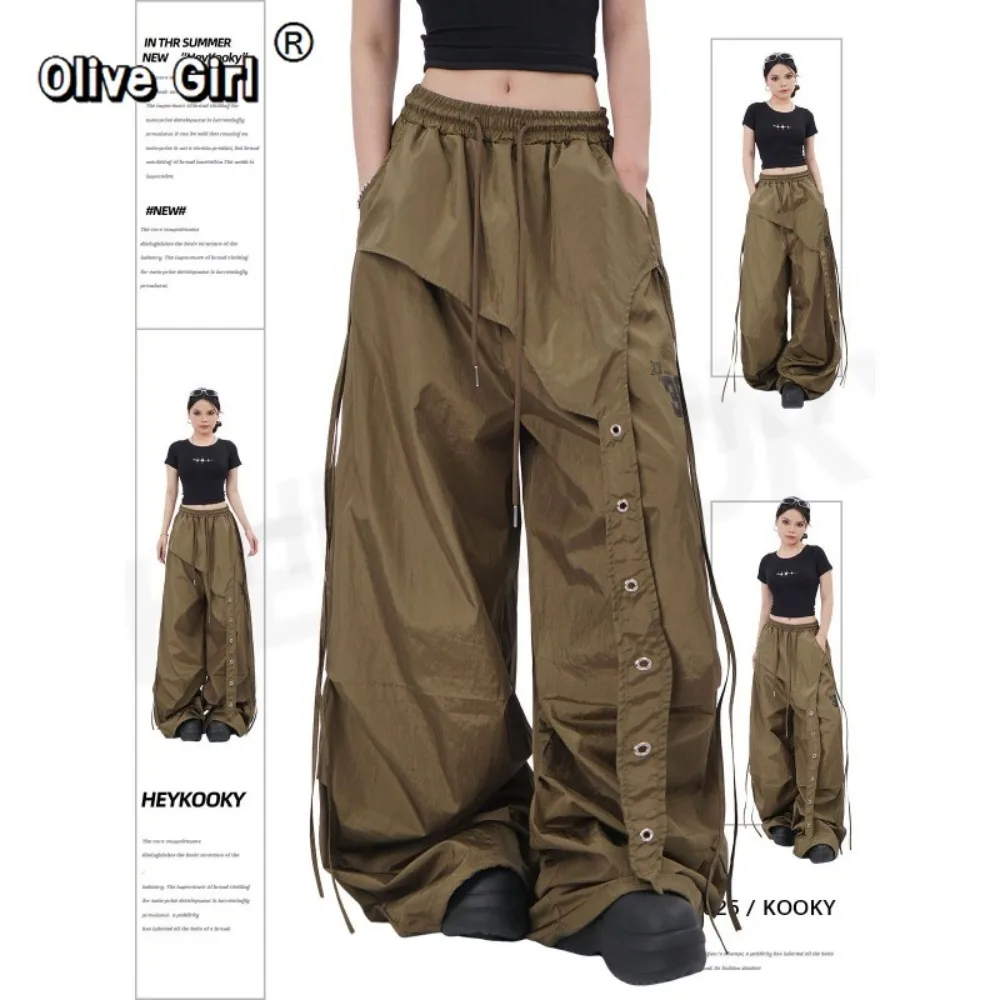 American Retro Pants Capris Military Green Trousers Work Pants Irregular Design Fake Two-piece Drawstring Pleated Casual Pants
