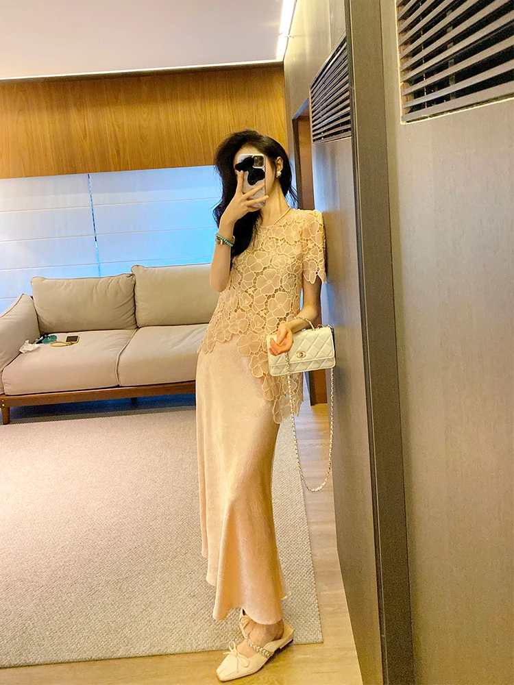 

Summer Faion Two-Piece Set Women's Light Maturi Pink Hollow out Skirt ort Sve round Ne High Waist Gown