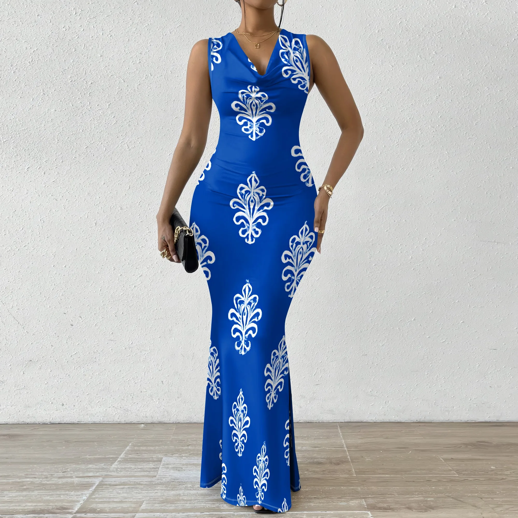 

Elegant Blue Maxi Dress for Women XS-2XL Sleeveless V-Neck Bodycon Dress with Royal Print for Church & Special Events