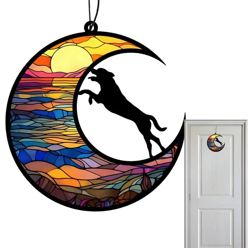 Dog Sun Catcher Stained Glass Moon Shape Ornament Remembrance Sympathy Pendant Pet Loss Sun Catcher Cute Decoration For Porches