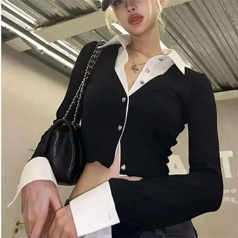 

Autumn Blouses For Woman Shirt Lady Street Fashion Y2K Splicing Fake Two Pieces Crop Top Slim Fit Long Sleeve Cardigan Tops