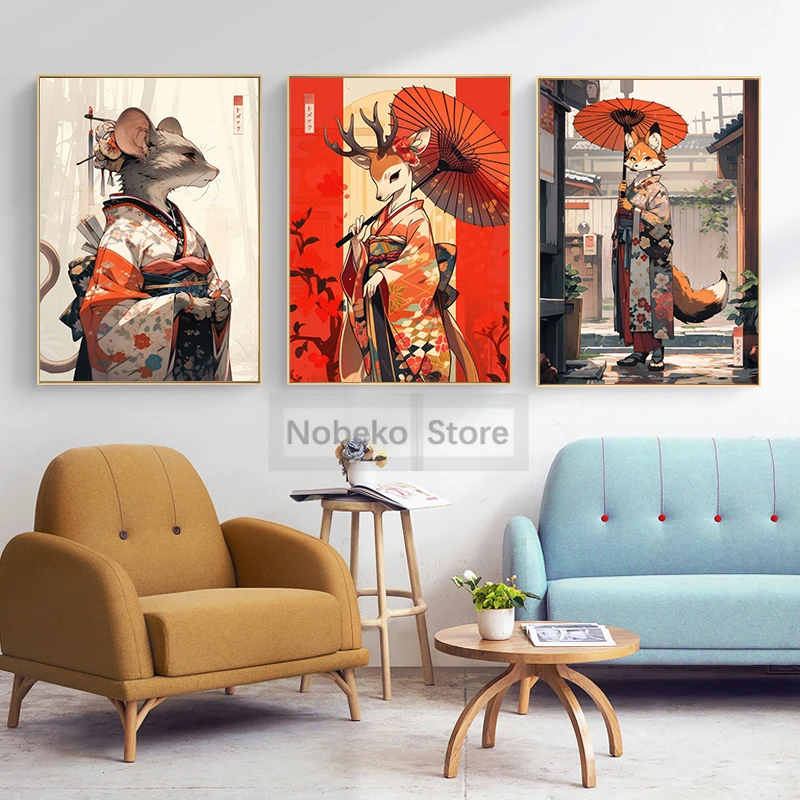 Japan Edo Fantasy World Bushido Animals Poster and Prints Canvas Painting Wall Art Pictures Home Room Decor