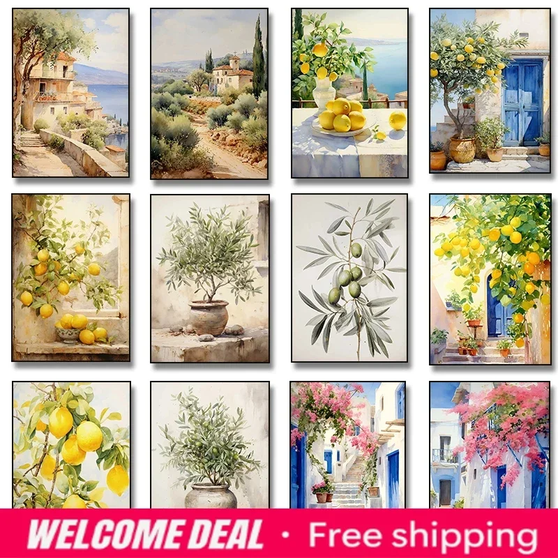 2026  Italian Lemon Olive Tree Retro Mediterranean Greece  Santorini Landscape Poster Canvas Painting Wall Art Pictures  Home