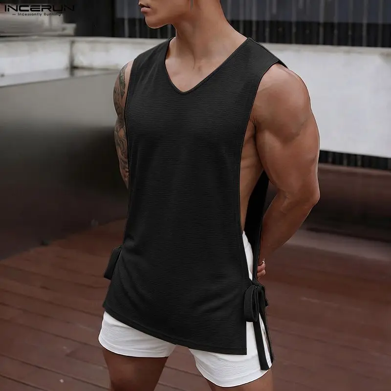 INCERUN Men's Tank Tops Solid Color V Neck Sleeveless Lace Up Male Vests Summer Streetwear Fashion Casual Men Clothing S-3XL