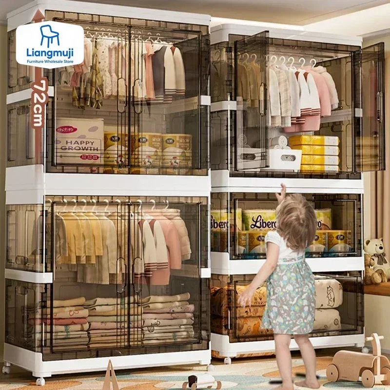 

Large Folding Organizer Wardrobe Storage Closet Child Bedroom Folding Cabinet Transparent Locker Bin With Wheels Furniture
