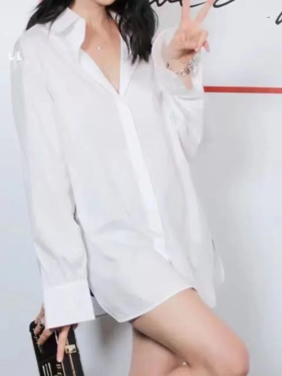 

Sexy Spwear White irt Loose Casual Layered Long Sve Women's irt Boyfriend Sle Spring 2024 Korean Sle Commute