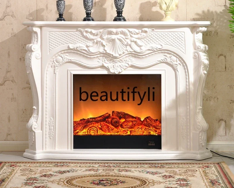 

European fireplace decorative cabinet ivory white electric fireplace frame solid wood, American villa fireplace