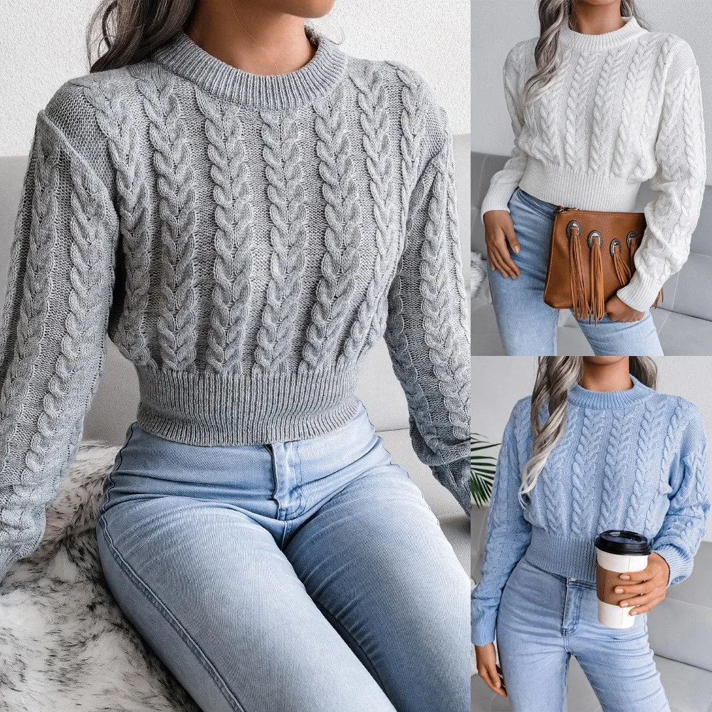 

Fall Winter Women's Clothing Slim Fit Cropped Knit Sweater For Woman Round Neck Long Sleeve Pullover Acrylic Y2K Streetwear