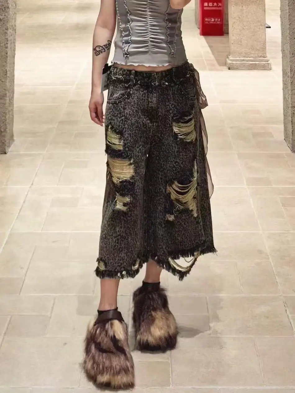 Summmr Women Punk Grunge Goblin Core Jorts Hole Jeans Shorts Calf-Length Abi Y2K Japanese Harajuku Ripped Denim Capris Pants New
