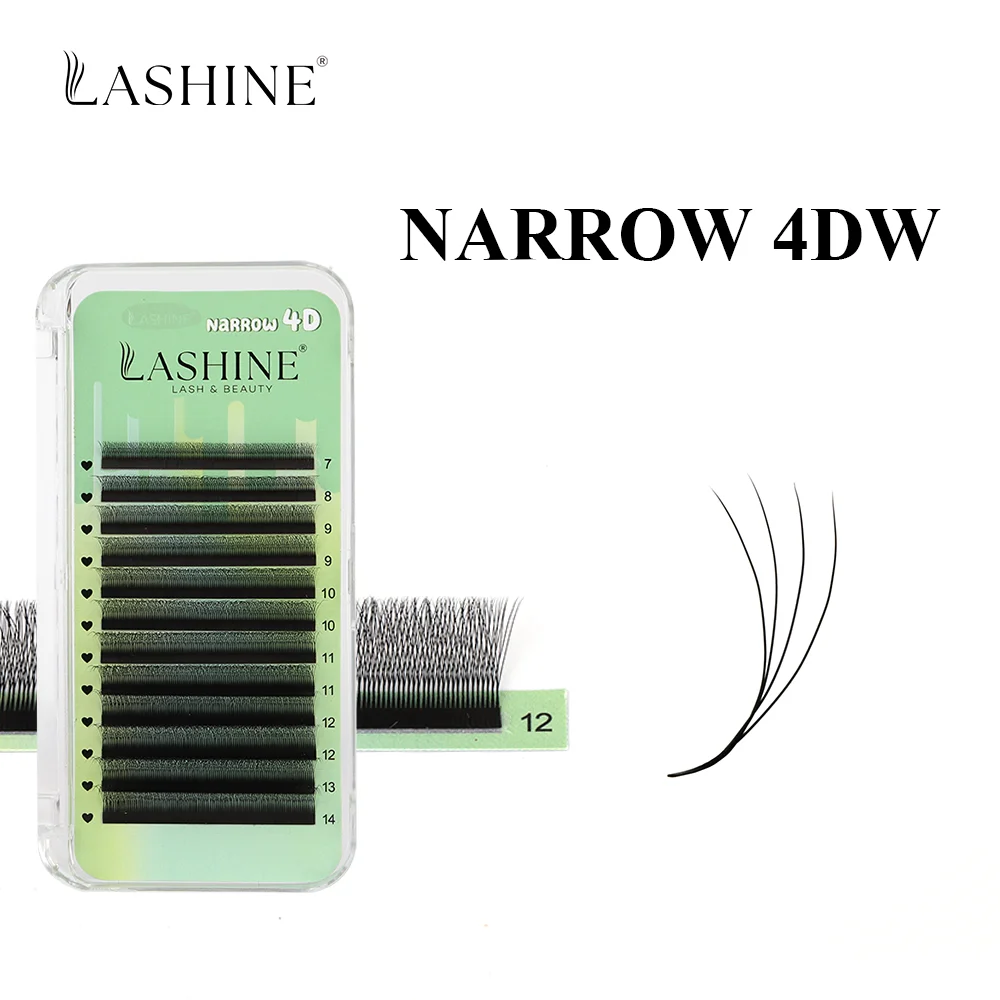 Lashine 4DW Wąskie Kępki Rzęs Przedłużanych 12 Rzędów 0.07mm C/D/M Curl MIX 7-14mm Ręcznie Robione Gotowe Kępki Objętościowe Miękkie Naturalne Rzęsy