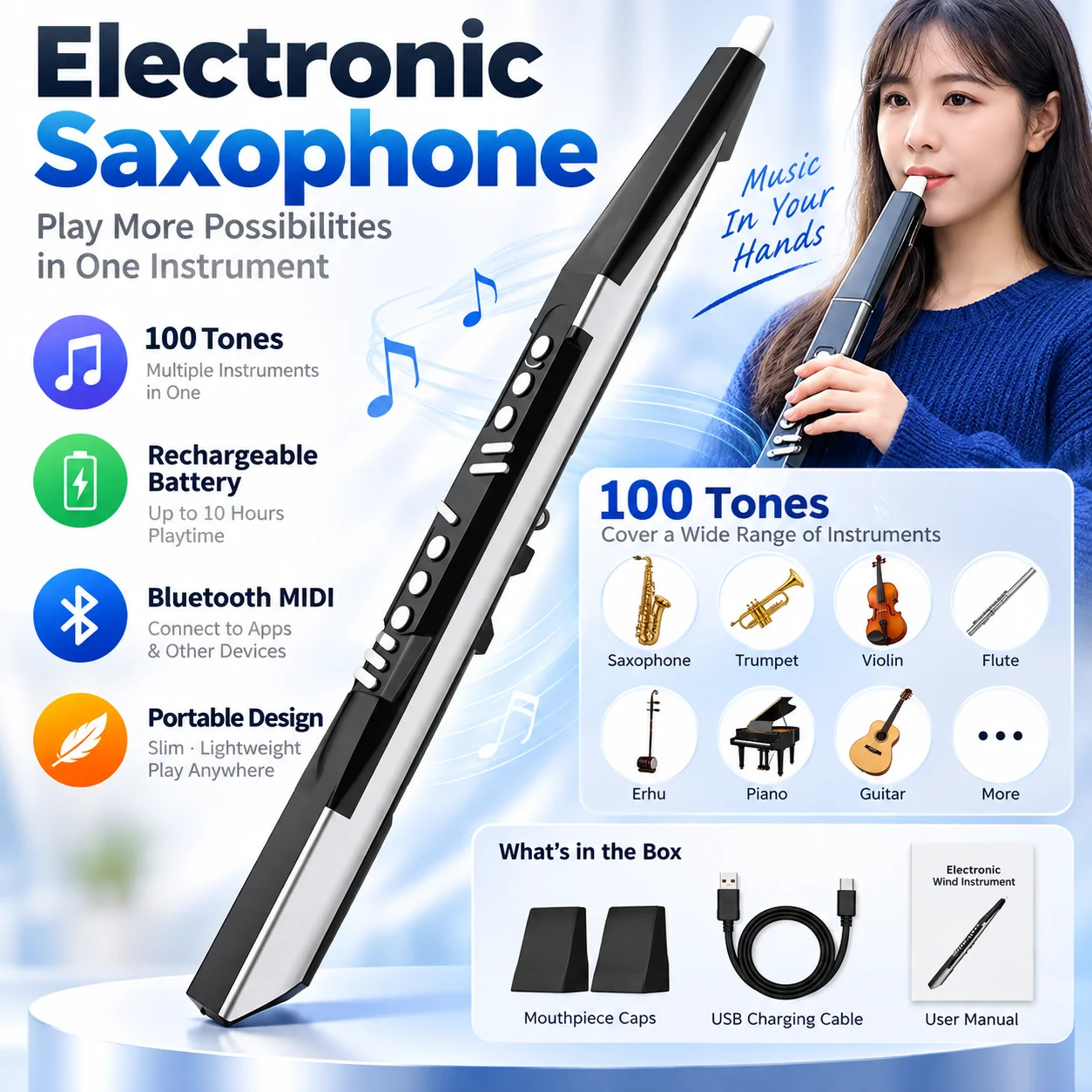 Electronic Saxophone Bluetooth MIDI Digital Wind Instrument 100 Tones Rechargeable Blowpipe for Beginners