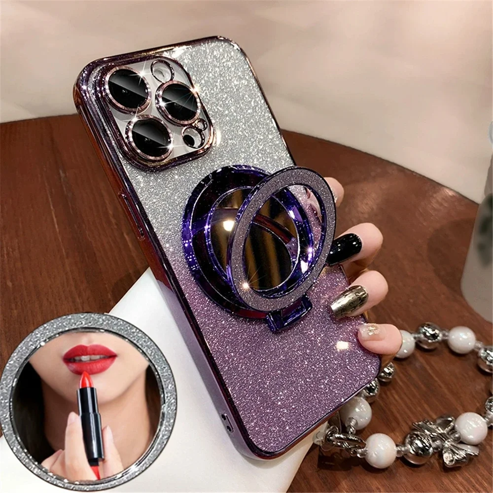 Glitter Mirror Bracket Gradient Case For Samsung A56 A26 A36 A16 A06 A55 A15 A35 A54 A24 A34 A14 A05S Soft Cover With Bracelet