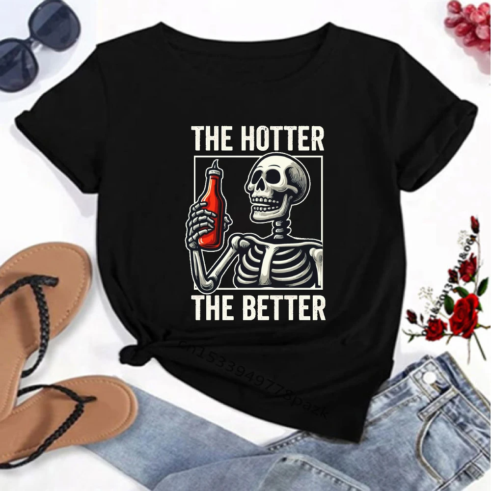 Unisex Short Sleeve T Shirt Skeleton Holding Hot Sauce The Hotter The Better Funny Halloween Graphic Daily Tees Men Clothing