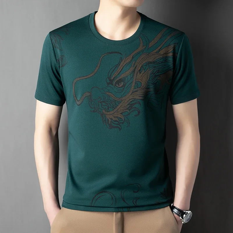 Top de manga corta informal de cuello redondo de seda fría fina de verano para hombre