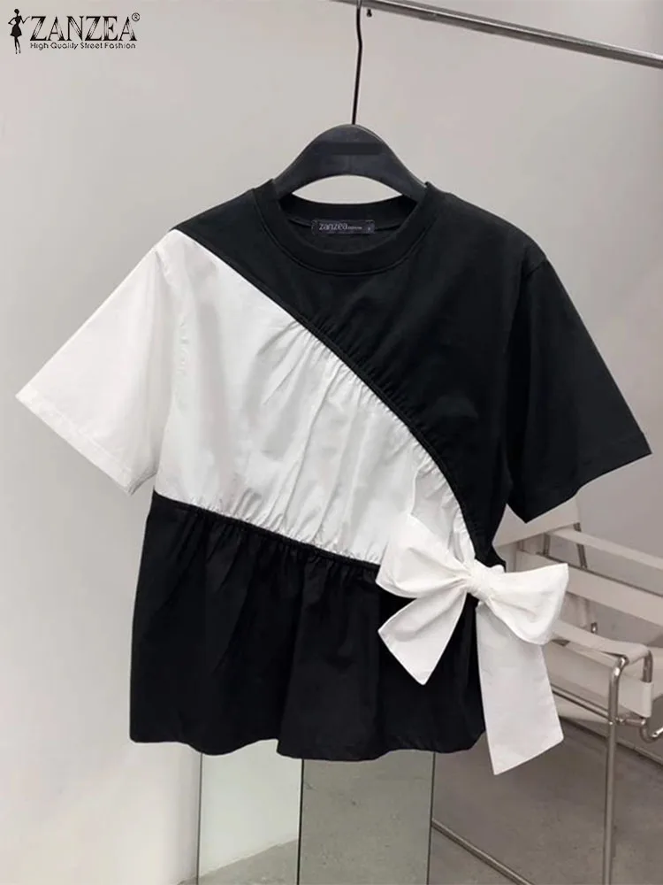 ZANZEA Short Sleeve Casual Blouses Color Block Streetwear O Neck Elegant Shirts Bow Detail Korean Fashion Women Patchwork Blusas