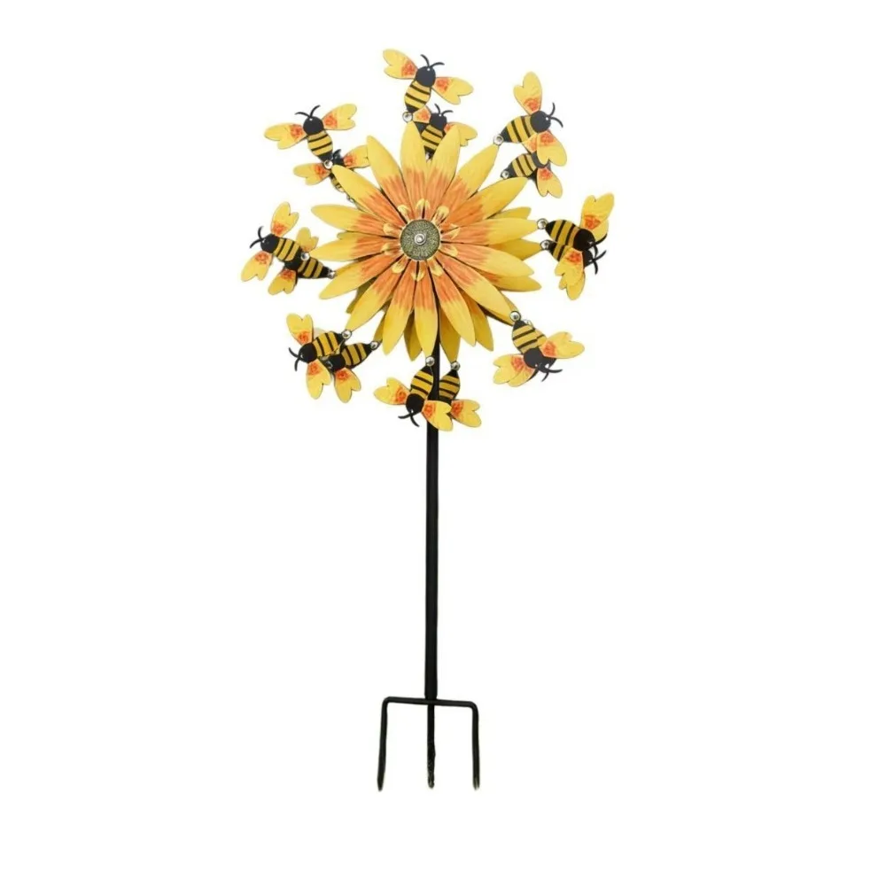Anti-Rust Sunflower Wind Spinner Weather-Resistant Rotating Bee Wind Spinner Double Sided Sunflower Motion Art Wind