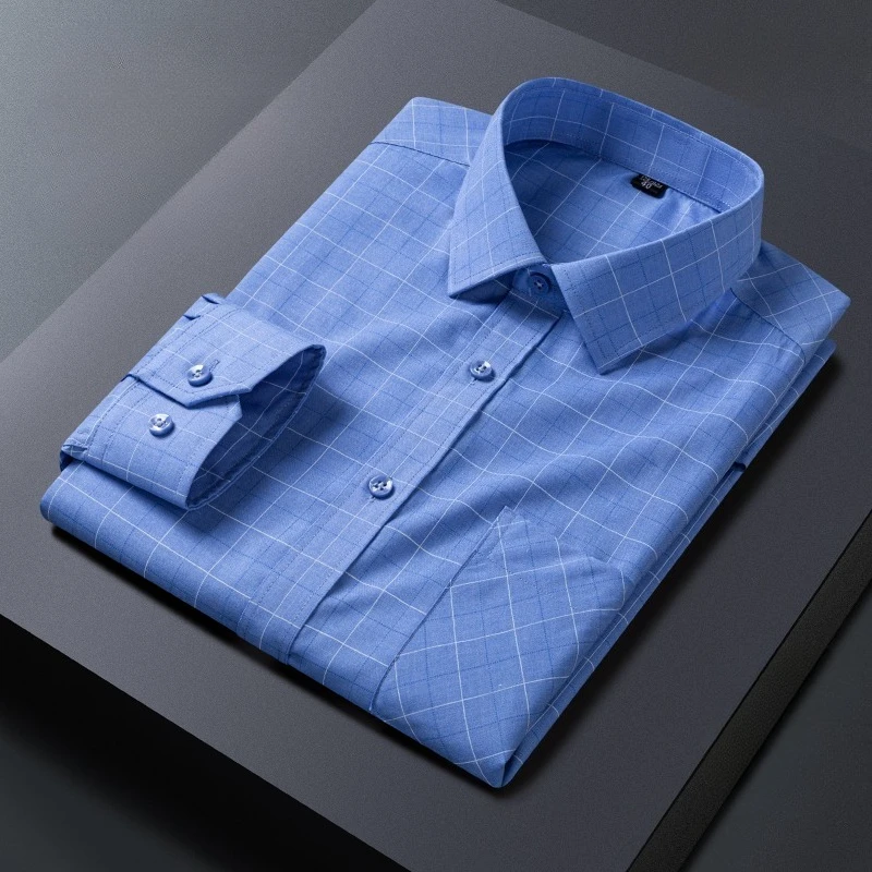 New in shirt long single pocket sleeve shirts for men slim fit casual plain shirt plaid tops work white business office clothes