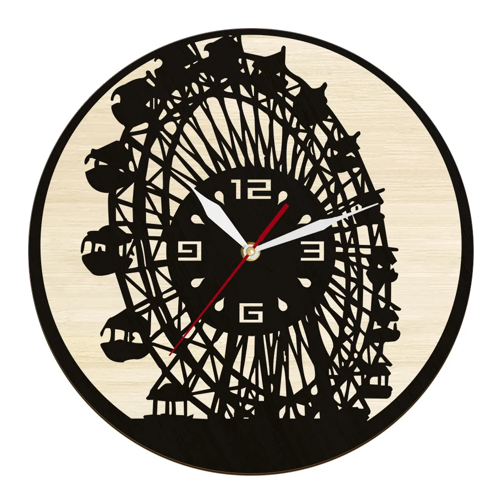 

London Eye Ferris Wheel Nature Wooden Wall Clock For Home Office Decor England Landmark Rustic UK Artwork Silent Quartz Clock