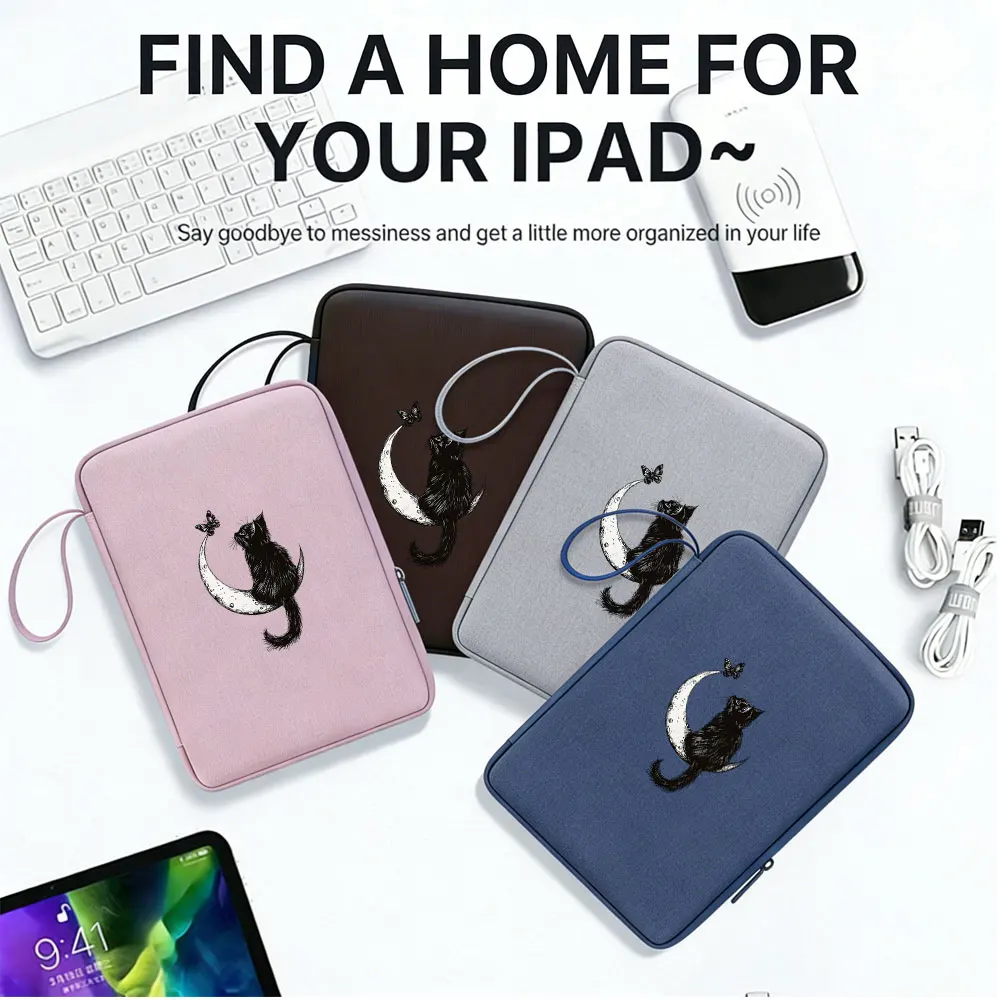 1pc Black Cat Moon Butterfly Print Tablet Sleeve, Shockproof Scratch Resistant Fleece Lined Tablet Bag, Fresh Style 10.9