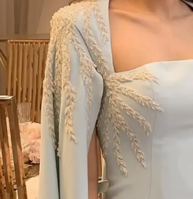 Vestidos de fiesta de gasa azul cielo, mangas largas, vestidos de fiesta formales, tren de barrido, vestido de noche para mujer, vestidos especiales de celebridades