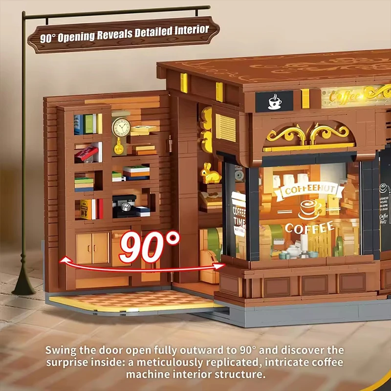 Blocos de construção de cafeteria estilo americano vintage jd131 street view cafe shop arquitetura tijolo brinquedos diy presentes de natal adultos