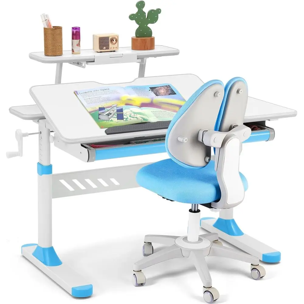 

Adjustable Kids Study Desk and Chair Set with Ergonomic Chair, Large Writing Board, and Pull-Out Bookstand in Blue