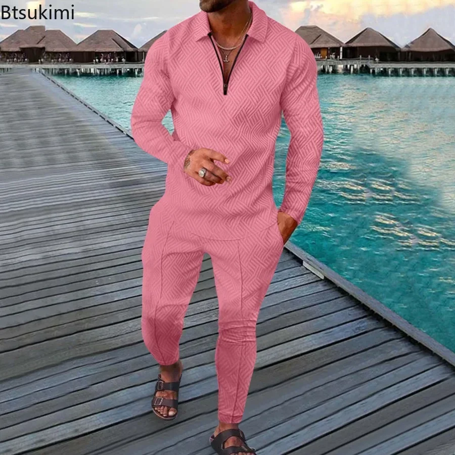 2026Spring Autumn Long Sleeve Polo Shirt+Sweatpants Suit Men V-neck Sweatshirt Men Streetwear Vintage Clothing Sets Tracksuits