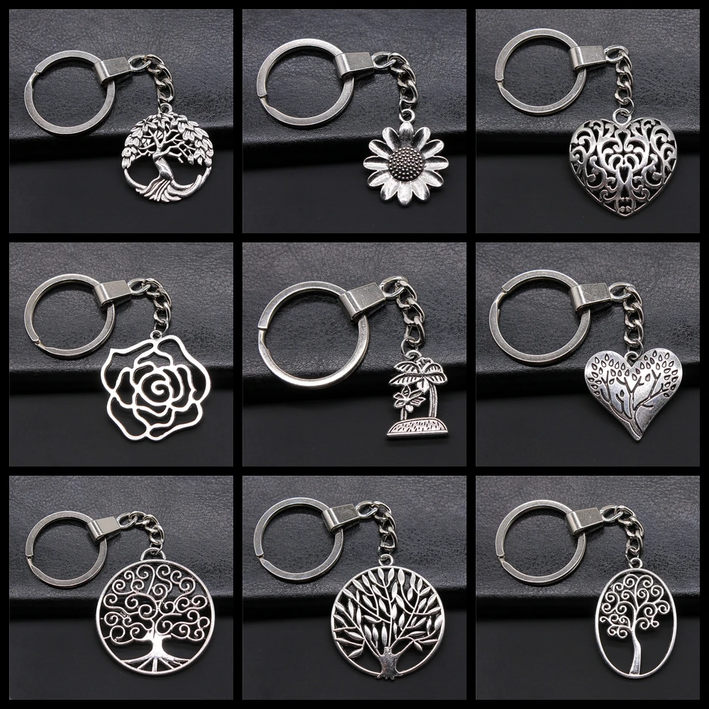 New Fashion Men 30mm Keychain DIY Metal Alloy Holder Chain Vintage Heart Flower Rose Sunflower Tree Pendant Keyring