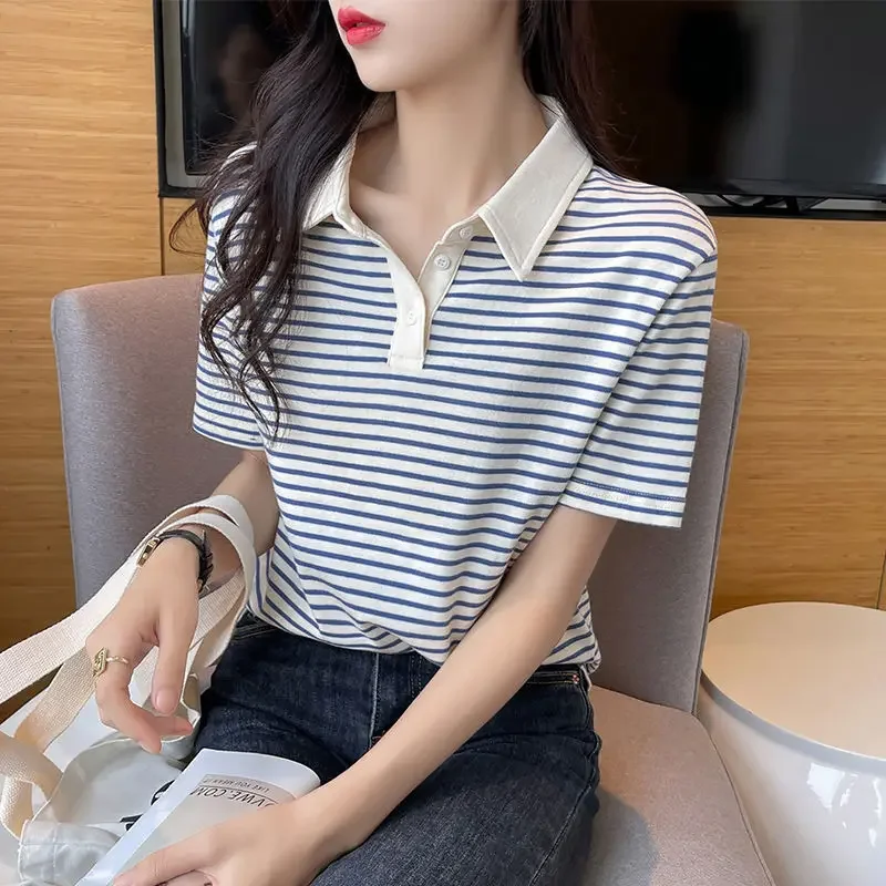 Polo Neck Shirt for Women 100℅ Cotton Striped Button Woman T Cute Kawaii Synthetic Aesthetic Clothing Trend 2024 Pretty Fashion