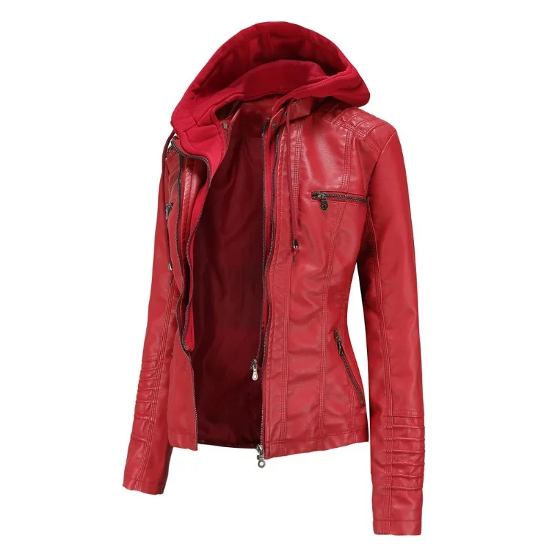 Hooded Leather Jacket Two-Piece Set Removable Oversized Leather Jacket for Women Autumn Outwear Zipper Slim Leather Jackets Y2k