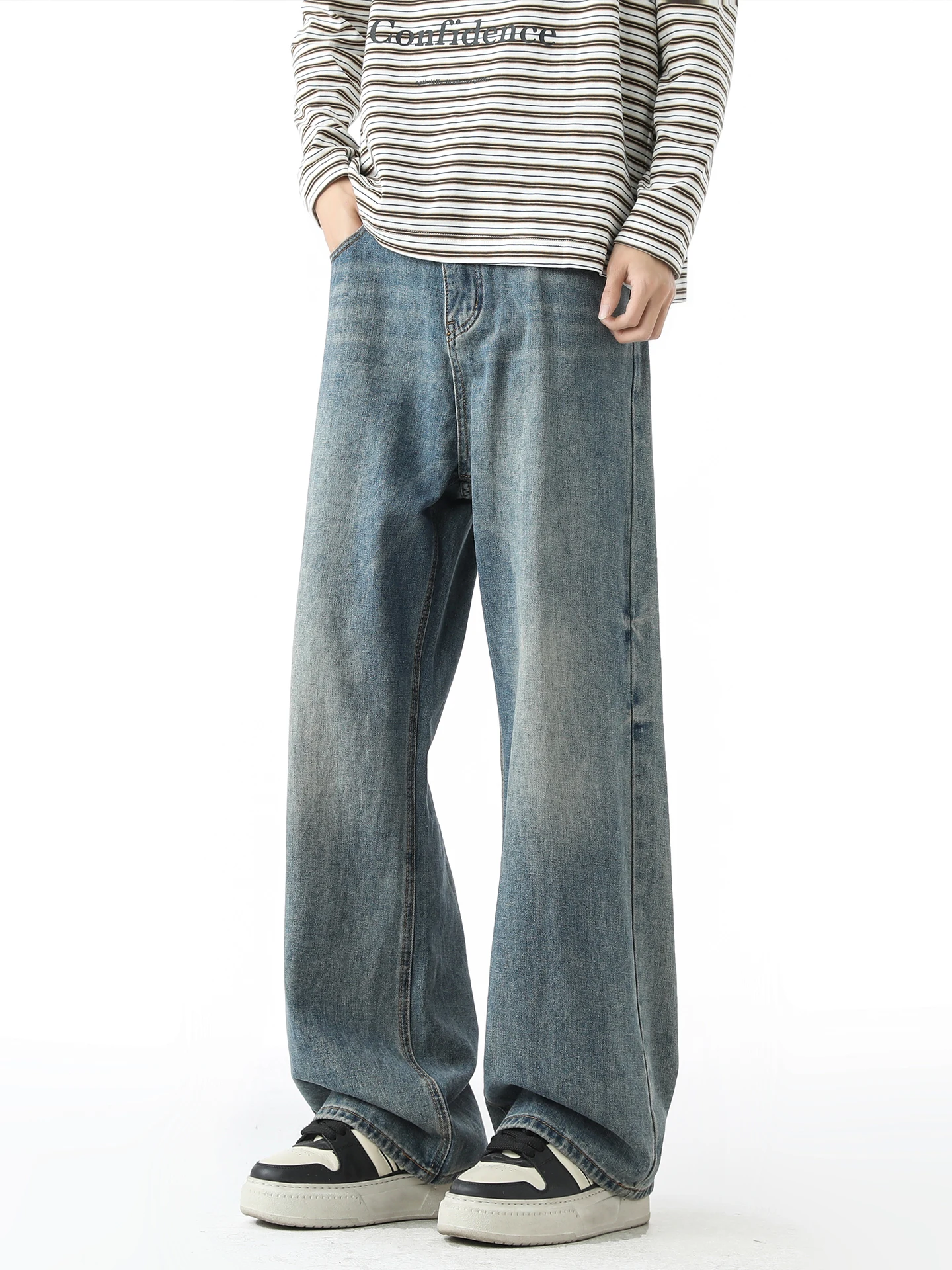 

Waed Blue Straight Leg Men's Jeans Casual Loose Fit American Sle Polyester Cotton Blend Teenage Men's Faion Trousers