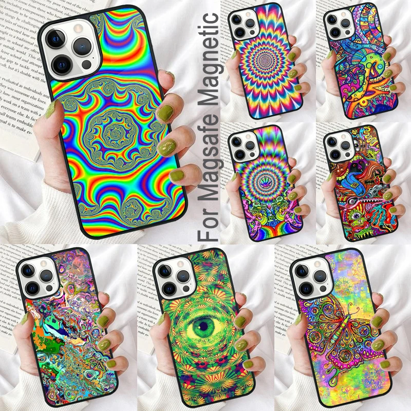 Colourful Psychedelic Trippy Art Magnetic Soft Phone Case for iPhone 16 Promax 15 Pro 13 14 Plus 11 12 Mini MagSafe Coque