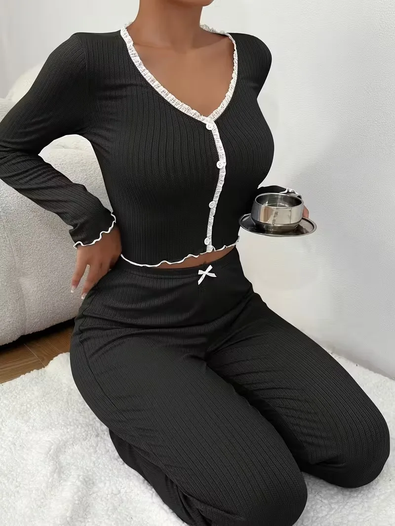 Women Autumn Winter Pajamas Set V-Neck Long Sleeve Contrast Lace Knit Pullover and Trousers 2 Pieces Sleepwear Loungewear