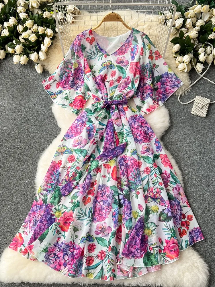 Robe longue en mousseline de soie pour femmes, robes à fleurs imprimées, robe de plage maxi, robe d'été de vacances pour femmes, nouvelle mode, été