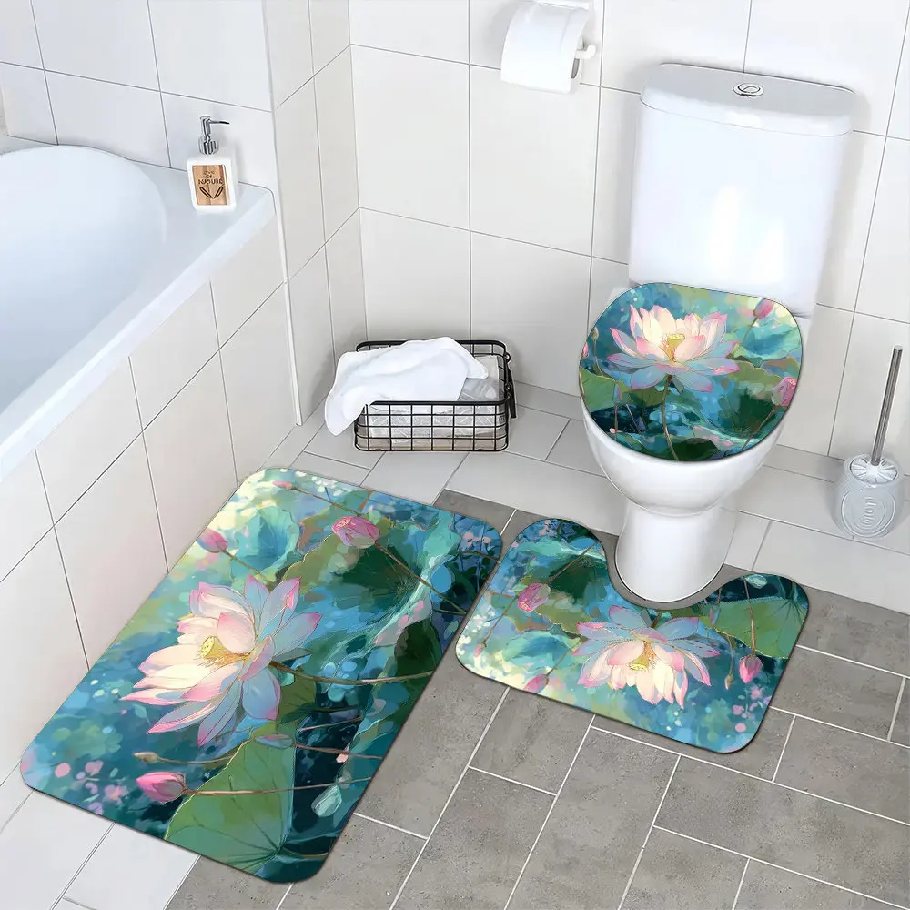 Floral Lotus Bathroom Mat Set Bath Rug Set for Toilet and Tub Decor Home Bathroom Accessories