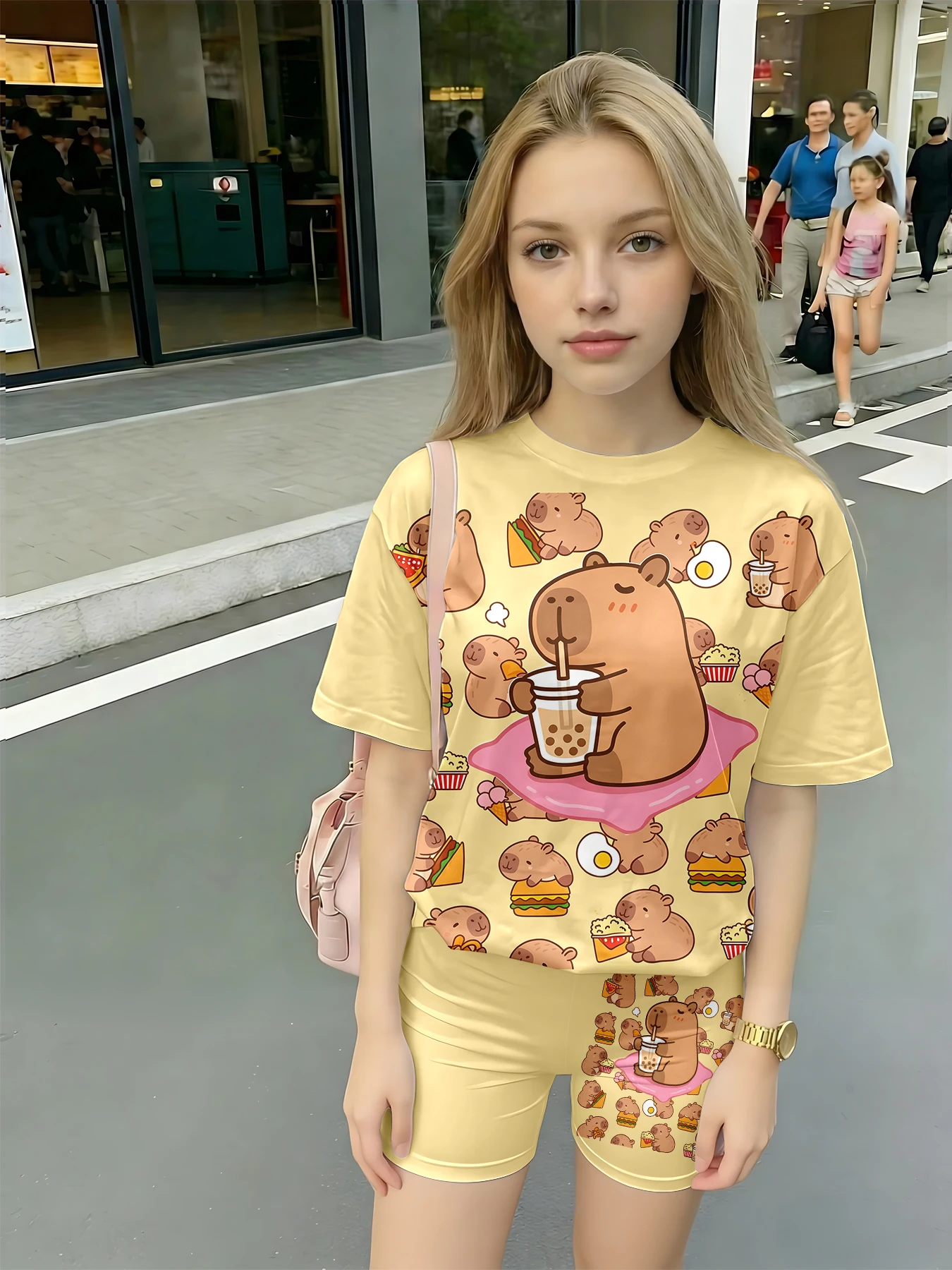 Kawaii Capybara Fast Food Print Kids Pajama Set 2Pcs Short Sleeve T-shirt Shorts Girls' Sleepwear Comfortable Nighttime Clothes
