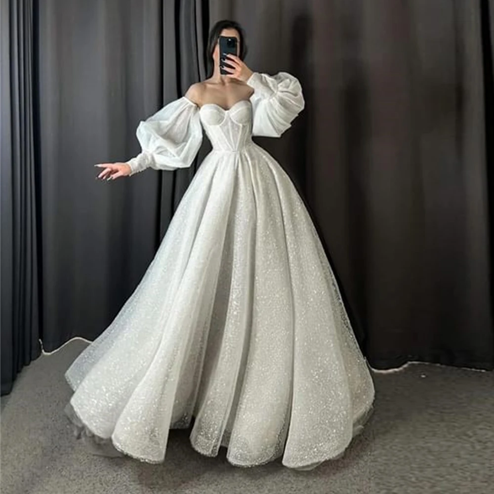 

Shiny Sweetheart Tulle Ball Gowns Robe De Noiva Glitter Wedding Dress vestido de noiva Puff Sleeves Wedding Gowns Plus Size