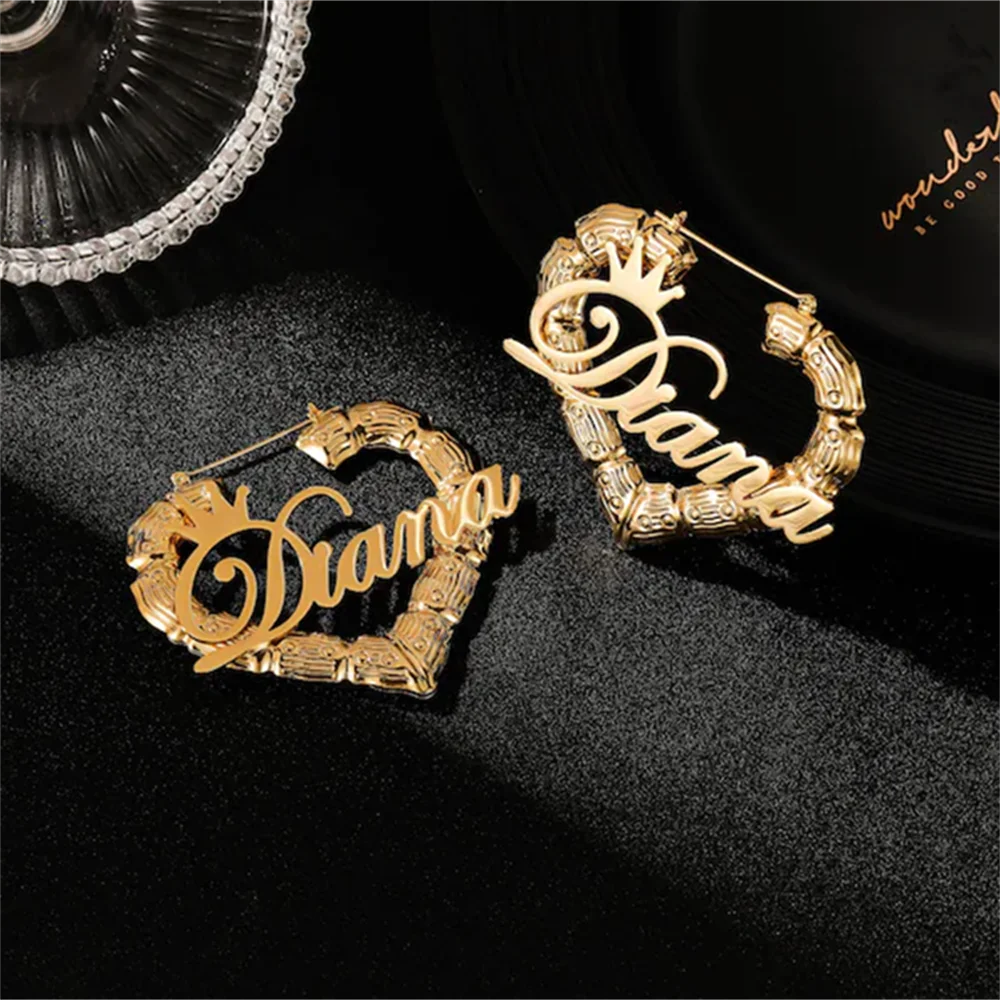 30-90mm Stainless Steel Bamboo Custom Heart Shape Earrings Custom Name Earrings Heart Bamboo Hip hop Sexy Hoop Earrings Gift