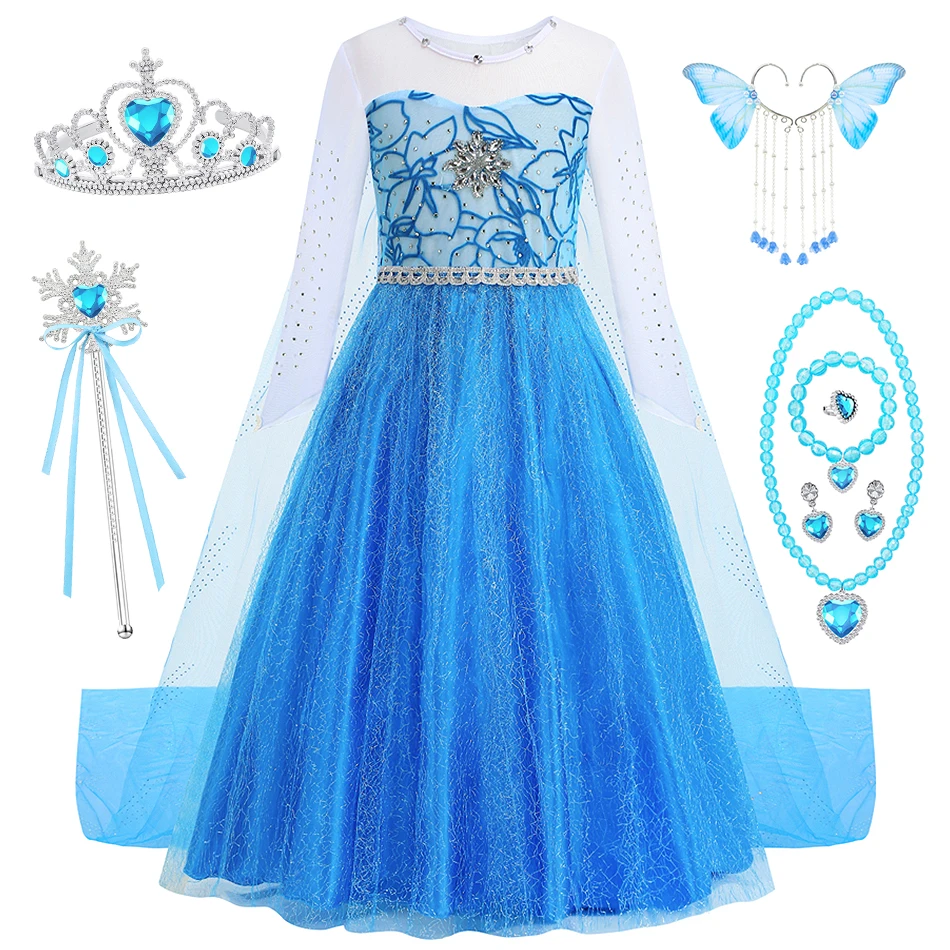Elsa Long Sleeves Princess Dress Children Snow Queen Cosplay Shiny Mesh Gown Girls Birthday Party Frocks Performance Costumes