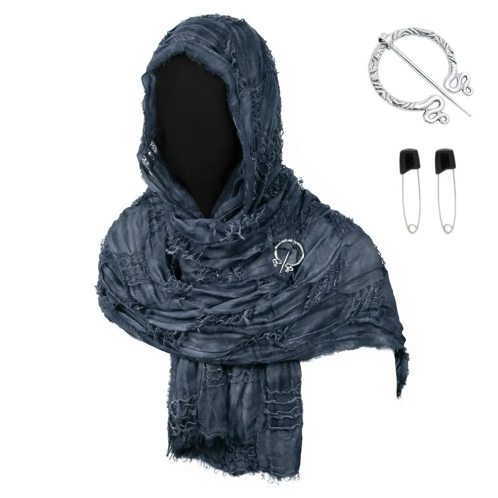 Gothic Distressed Hooded Scarf Polyester Long Halloween Viking Cosplay Wrap Metal Brooch Adjustable Medieval Shawl Festival