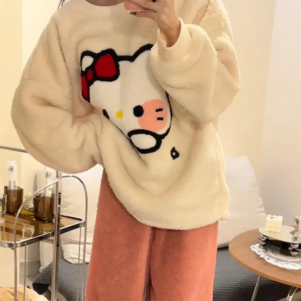 Cute Women Pajamas Suit Hello Kitty Cinnamoroll Sanrioed Anime Kawaii Plush Spring Cartoon Coral Fleece Homewear Warm Nightwear