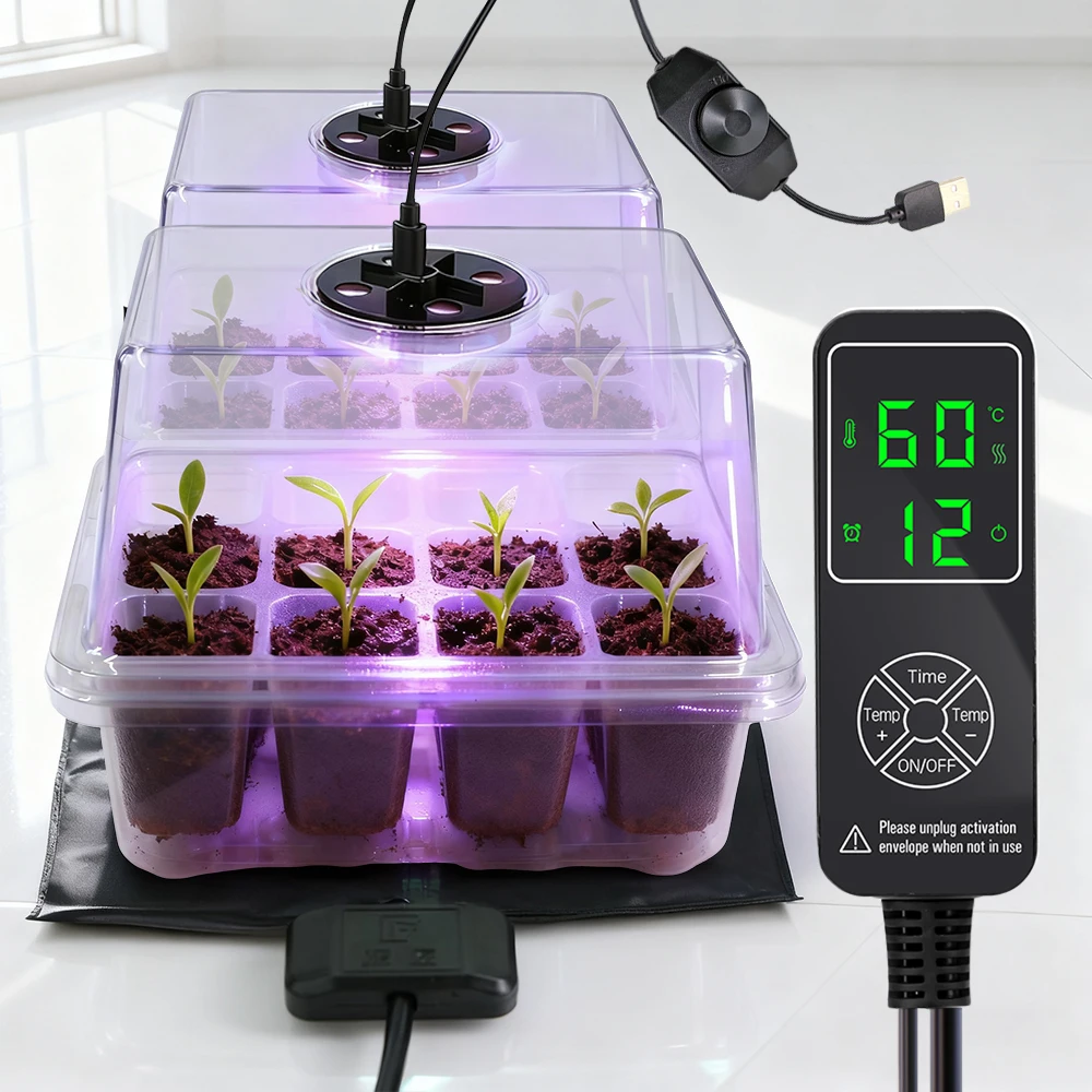Seedling Starter Kit with Full Spectrum LED Grow Light 16W Timed Heating Mat for Plants Germination Cloning Greenhouse Nursery