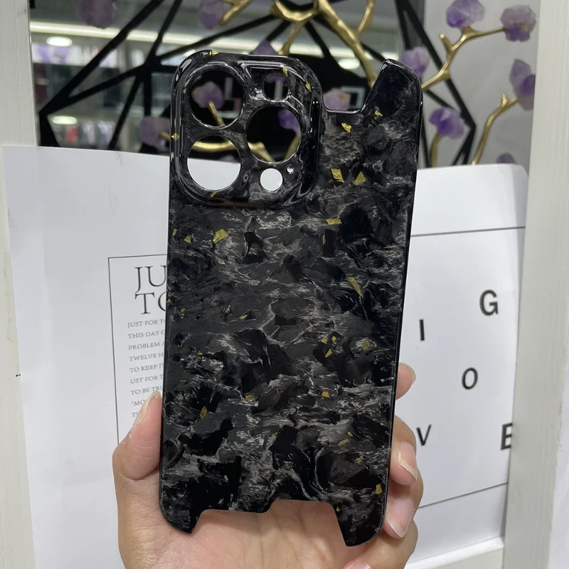 Real Glossy Forged Ultra Light Full Carbon Fiber Case for IPhone 14/15/16Promax Glitter Bling Irregular Shockproof Case view 2