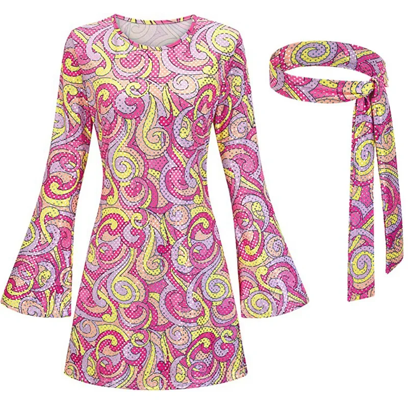 Vestido Hippy Midi estampado para adultos, vestido Hippie de los años 60 y 70 para mujer, diadema de amor melocotón, disfraz de fiesta de Carnaval y Halloween